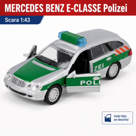 MACHETE - Macheta Mercedes-Benz E-Classe Polizei 1:43 Atlas, gri cu verde, cu usi fata care se deschid
