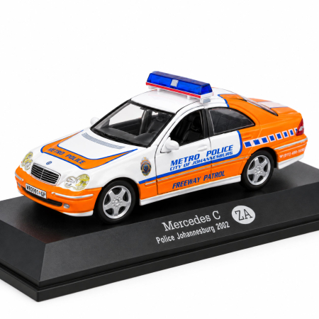 Macheta Mercedes C 2002 Police Johannesburg Africa de Sud, alb-portocaliu, scara 1:43, DeAgostini [1]