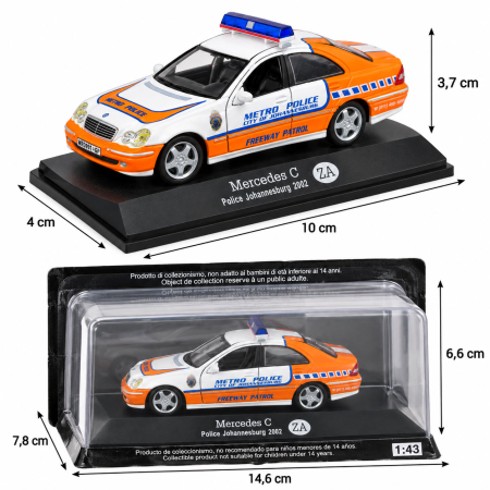 Macheta Mercedes C 2002 Police Johannesburg Africa de Sud, alb-portocaliu, scara 1:43, DeAgostini [2]