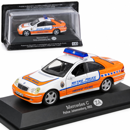 MACHETE AUTO SCARA 1:43 - Macheta Mercedes C 2002 Police Johannesburg Africa de Sud, alb-portocaliu, scara 1:43, DeAgostini