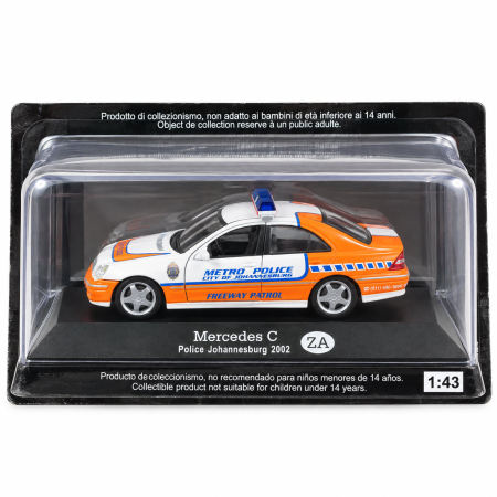 Macheta Mercedes C 2002 Police Johannesburg Africa de Sud, alb-portocaliu, scara 1:43, DeAgostini [7]