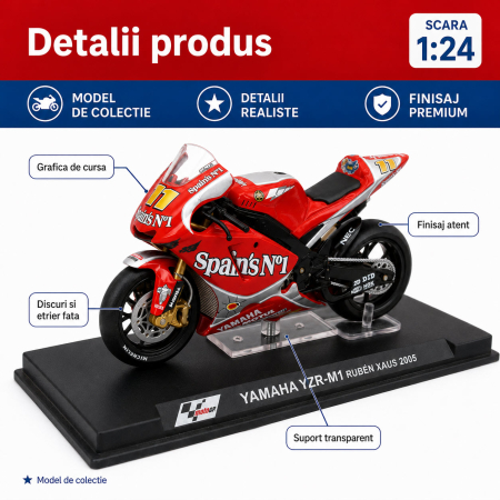 Macheta motocicleta Yamaha YZR-M1 Ruben Xaus Moto GP 2005, scara 1:24, cu vitrina plexiglas [2]
