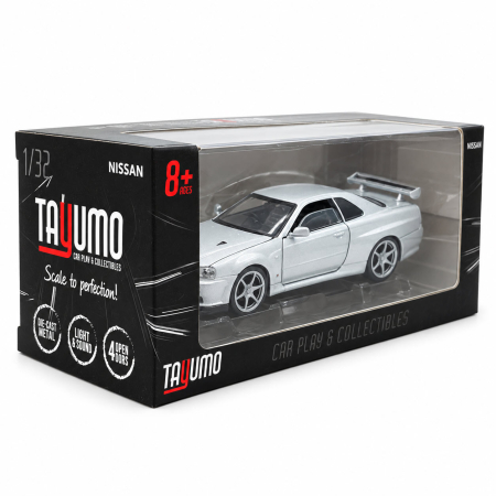 Macheta Nissan GT-R R34 V-Spec II argintiu, cu lumini, sunet si pull-back, scara 1:32, Tayumo [5]