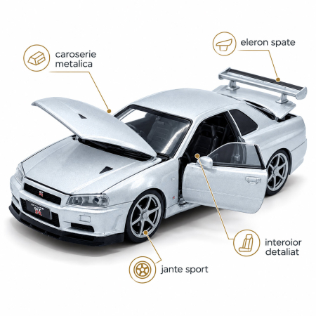 Macheta Nissan GT-R R34 V-Spec II argintiu, cu lumini, sunet si pull-back, scara 1:32, Tayumo [2]