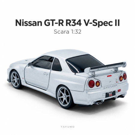 Macheta Nissan GT-R R34 V-Spec II argintiu, cu lumini, sunet si pull-back, scara 1:32, Tayumo [3]