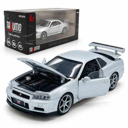 MACHETE - Macheta Nissan GT-R R34 V-Spec II argintiu, cu lumini, sunet si pull-back, scara 1:32, Tayumo