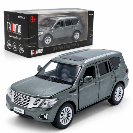 MACHETE - Macheta Nissan Patrol Y62 Gri, Lumini, Sunet si Pull-Back, Scara 1:32, Tayumo