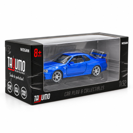 Macheta Nissan Skyline GT-R R34 V-Spec Albastru, Lumini, Sunet si Pull-Back, Scara 1:32, Tayumo [5]