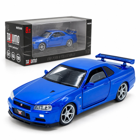 MACHETE - Macheta Nissan Skyline GT-R R34 V-Spec Albastru, Lumini, Sunet si Pull-Back, Scara 1:32, Tayumo