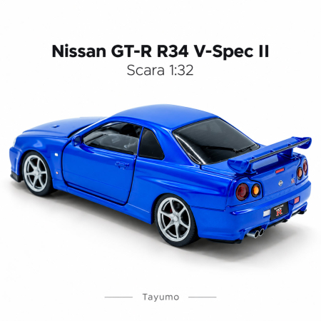 Macheta Nissan Skyline GT-R R34 V-Spec Albastru, Lumini, Sunet si Pull-Back, Scara 1:32, Tayumo [4]
