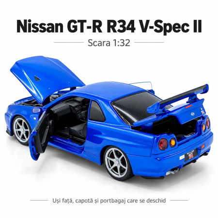 Macheta Nissan Skyline GT-R R34 V-Spec Albastru, Lumini, Sunet si Pull-Back, Scara 1:32, Tayumo [1]