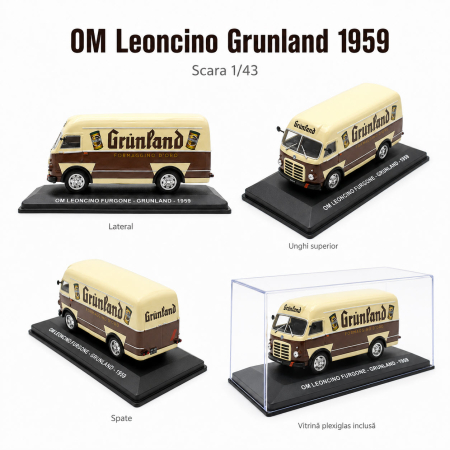 MACHETE AUTO SCARA 1:43 - Macheta OM Leoncino Furgone Grunland 1959, maro cu crem, cu vitrina plexiglas, scara 1:43