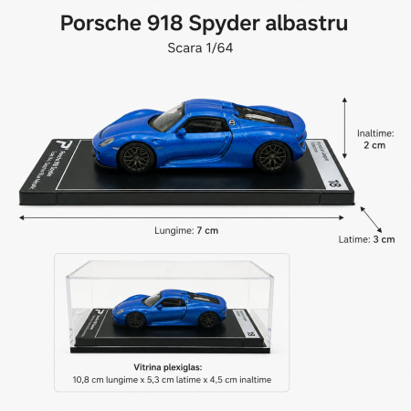 Macheta Porsche 918 Spyder albastru, scara 1:64, Kinsmart, Hypercar League Collection, vitrina plexiglas [2]