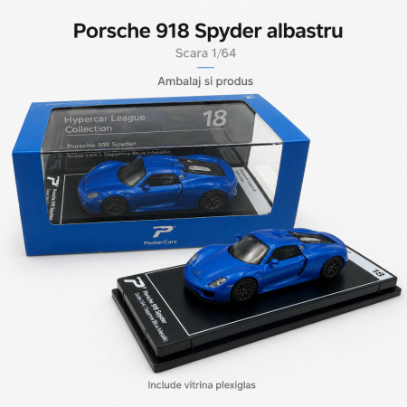 MACHETE AUTO SCARA 1:64 - Macheta Porsche 918 Spyder albastru, scara 1:64, Kinsmart, Hypercar League Collection, vitrina plexiglas