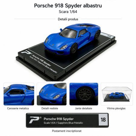 Macheta Porsche 918 Spyder albastru, scara 1:64, Kinsmart, Hypercar League Collection, vitrina plexiglas [3]