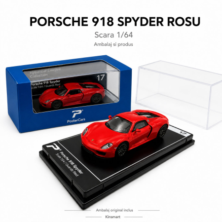 MACHETE AUTO SCARA 1:64 - Macheta Porsche 918 Spyder rosu, scara 1:64, Kinsmart, Hypercar League Collection