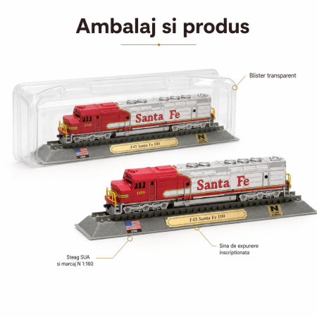 Macheta statica locomotiva F45 Santa Fe 100 1:160 N, Del Prado, rosu cu argintiu [3]