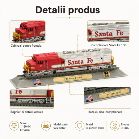 Macheta statica locomotiva F45 Santa Fe 100 1:160 N, Del Prado, rosu cu argintiu [4]