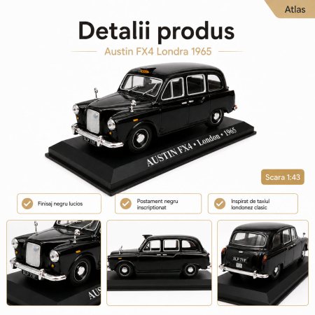 Macheta Taxi Austin FX4 Londra 1965, negru lucios, scara 1:43, Atlas [2]