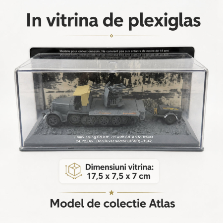 Macheta Tun antiaerian autopropulsat Sd.Kfz 7/1 1942, 1:72, Atlas, diorama cu remorca Sd. Ah.51, in vitrina plexiglas [3]