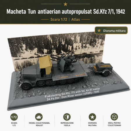 Macheta Tun antiaerian autopropulsat Sd.Kfz 7/1 1942, 1:72, Atlas, diorama cu remorca Sd. Ah.51, in vitrina plexiglas [2]