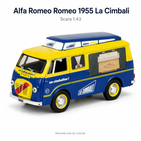 MACHETE CAMIOANE / CAP TRACTOR - Macheta van Alfa Romeo Romeo 1955 La Cimbali, scara 1:43, albastru cu galben