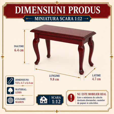 Masa clasica din lemn culoare mahon, miniatura 1:12 pentru casute de papusi [1]
