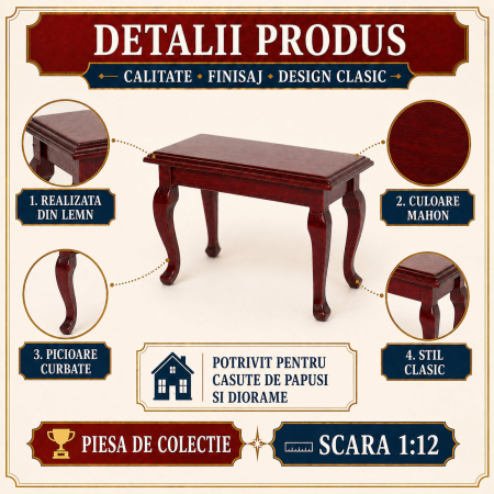 Masa clasica din lemn culoare mahon, miniatura 1:12 pentru casute de papusi [2]