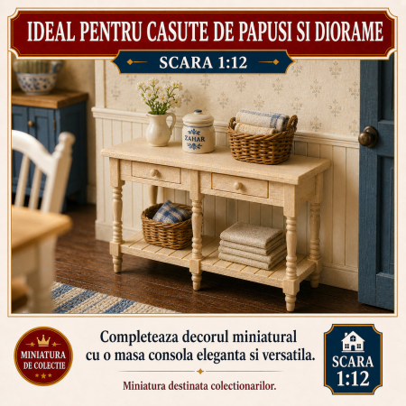 Masa consola din lemn natur cu 2 sertare si etajera, miniatura 1:12 pentru casute de papusi [3]