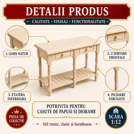 Masa consola din lemn natur cu 2 sertare si etajera, miniatura 1:12 pentru casute de papusi [2]