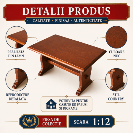 Masa din lemn tip Country culoare nuc - miniatura casute de papusi 1:12 [2]
