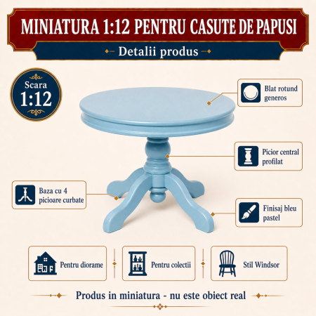 Masa mare rotunda Windsor culoare bleu, miniatura 1:12 pentru casute de papusi [2]