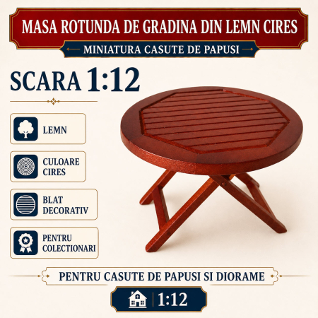 MINIATURI CASUTE PAPUSI - Masa rotunda de gradina din lemn cires, miniatura 1:12 pentru casute de papusi