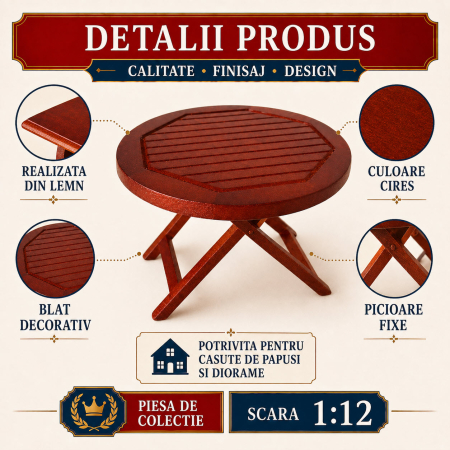 Masa rotunda de gradina din lemn cires, miniatura 1:12 pentru casute de papusi [2]