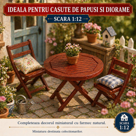Masa rotunda de gradina din lemn cires, miniatura 1:12 pentru casute de papusi [3]