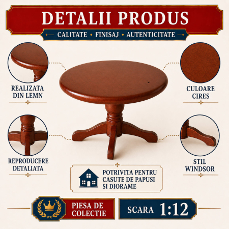 Masa rotunda tip Windsor culoare cires, miniatura 1:12 pentru casute de papusi [2]