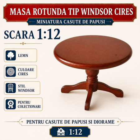 Masa rotunda tip Windsor culoare cires, miniatura 1:12 pentru casute de papusi