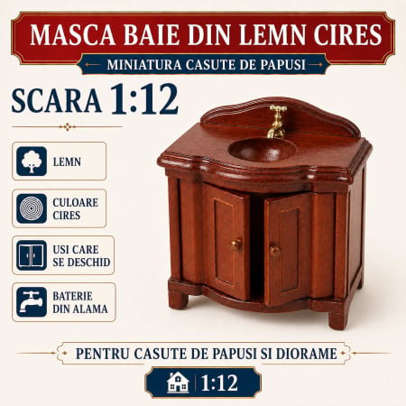 Masca baie din lemn culoare cires, miniatura 1:12 pentru casute de papusi