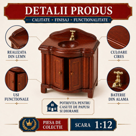 Masca baie din lemn culoare cires, miniatura 1:12 pentru casute de papusi [2]