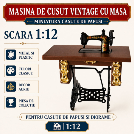 Masina de cusut vintage cu blat maro, miniatura 1:12 pentru casute de papusi
