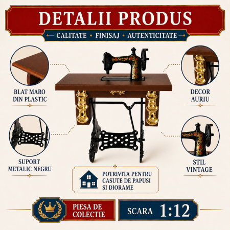 Masina de cusut vintage cu blat maro, miniatura 1:12 pentru casute de papusi [2]