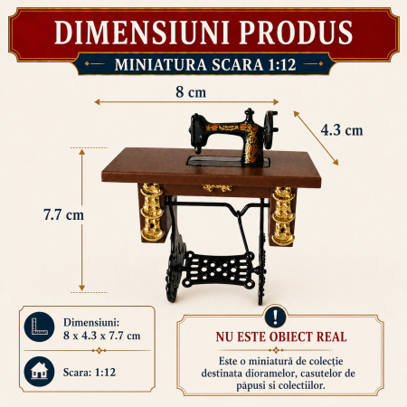 Masina de cusut vintage cu blat maro, miniatura 1:12 pentru casute de papusi [1]