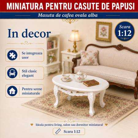 Masuta de cafea ovala alba, miniatura 1:12 pentru casute de papusi [3]