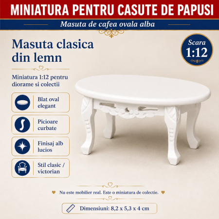 Living miniatural - Masuta de cafea ovala alba, miniatura 1:12 pentru casute de papusi