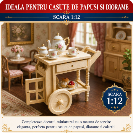 Masuta de servire pe roti din lemn natur, miniatura 1:12 pentru casute de papusi [3]