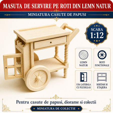 Masuta de servire pe roti din lemn natur, miniatura 1:12 pentru casute de papusi