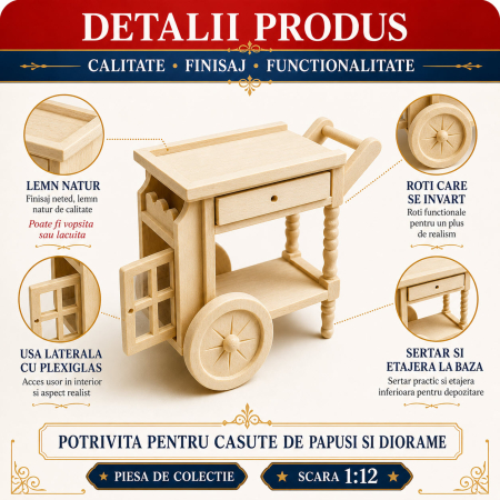 Masuta de servire pe roti din lemn natur, miniatura 1:12 pentru casute de papusi [2]