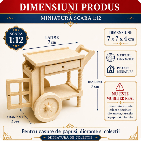 Masuta de servire pe roti din lemn natur, miniatura 1:12 pentru casute de papusi [1]