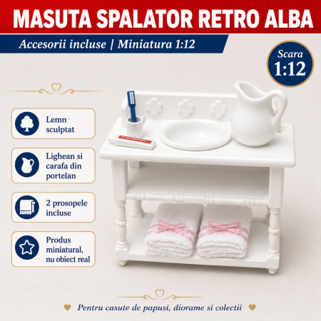 Masuta spalator retro alba cu accesorii din portelan, miniatura 1:12 pentru casute de papusi