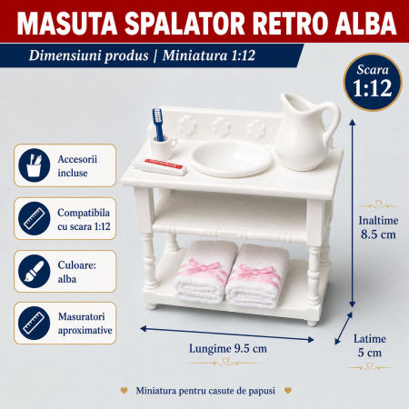 Masuta spalator retro alba cu accesorii din portelan, miniatura 1:12 pentru casute de papusi [2]